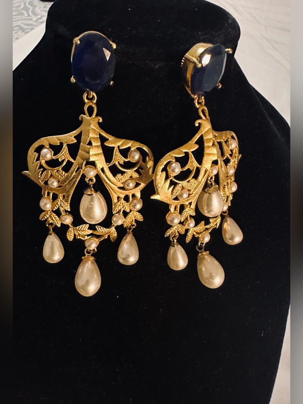 Gold Filigree Chandelier Earrings with Navy Cabochon and Pearl Drops